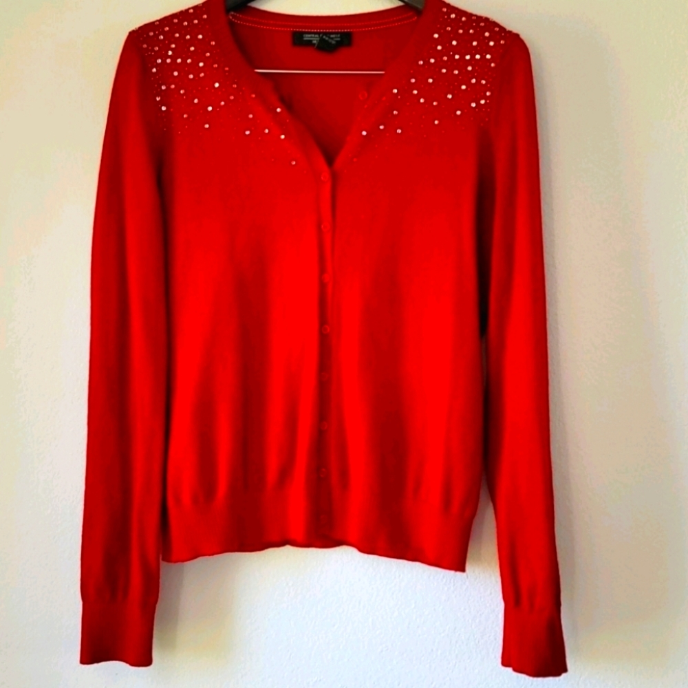 Central Park West New York New York L Sequined Shoulders Red Cardigan Large